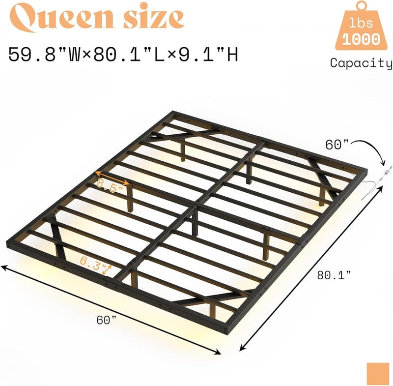 Queen Bed Frame with LED Light, Heavy Duty Metal, Noise-Free