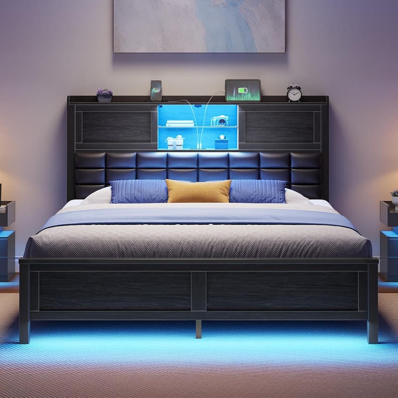Full Size Bed Frame with Charging Station and LED Light