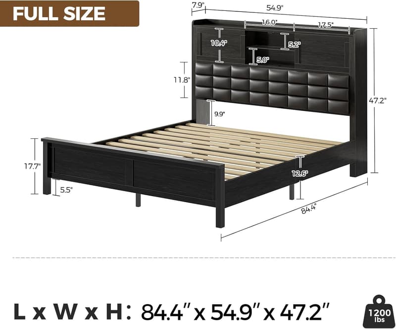 Full Size Bed Frame with Charging Station and LED Light