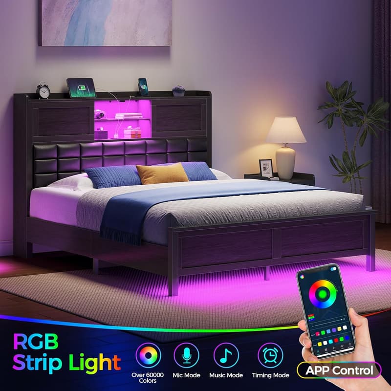 Full Size Bed Frame with Charging Station and LED Light