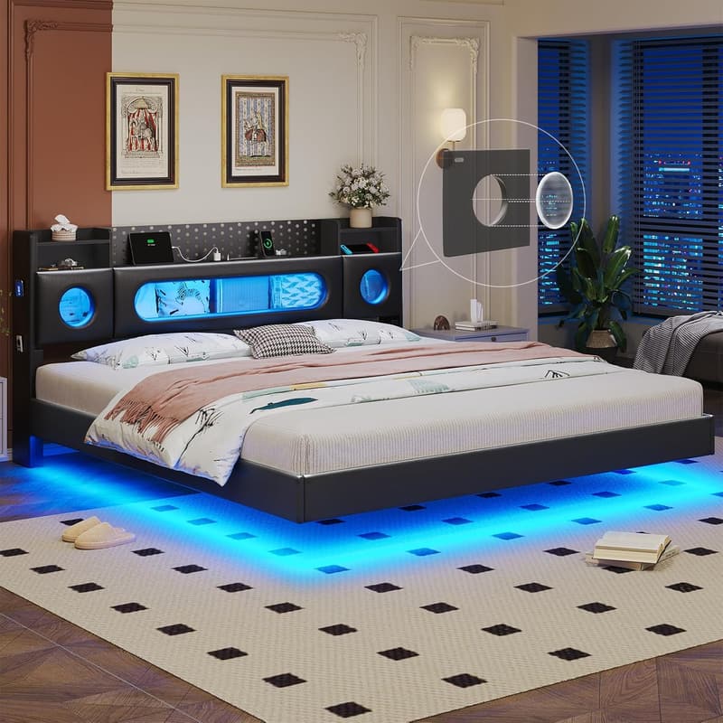 King Floating Bed Frame with Storage Headboard and LED Lights