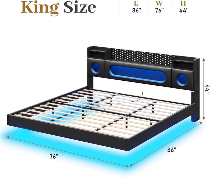 King Floating Bed Frame with Storage Headboard and LED Lights