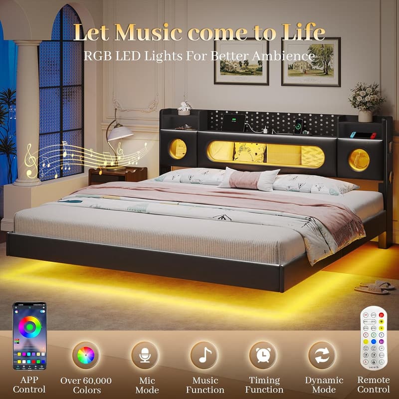King Floating Bed Frame with Storage Headboard and LED Lights