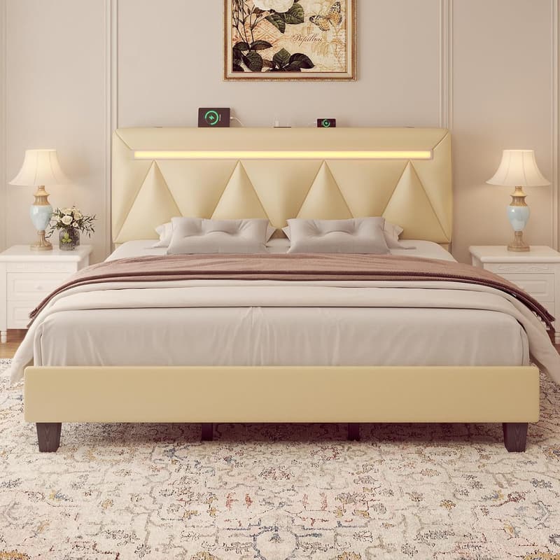 Beige King Size Upholstered Bed Frame with LED Lights & Speakers
