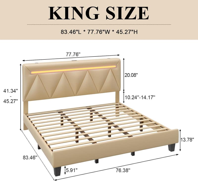Beige King Size Upholstered Bed Frame with LED Lights & Speakers