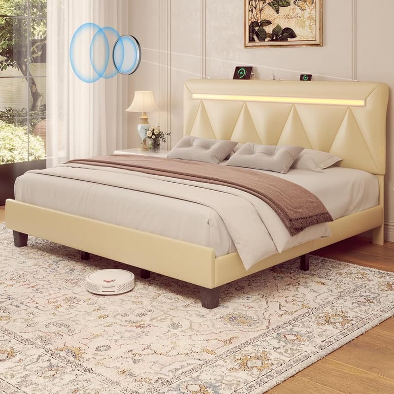 Beige King Size Upholstered Bed Frame with LED Lights & Speakers