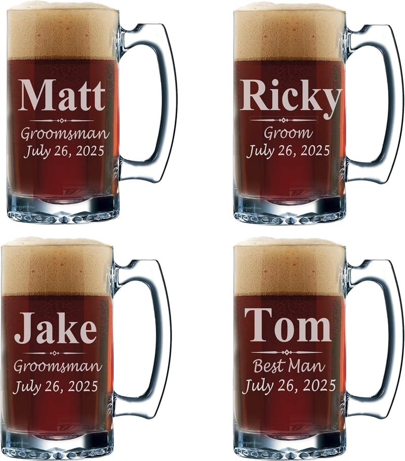 Custom Engraved Groomsmen Beer Glasses Set - 12 oz Mugs