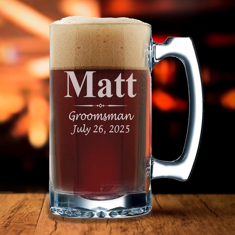 Custom Engraved Groomsmen Beer Glasses Set - 12 oz Mugs