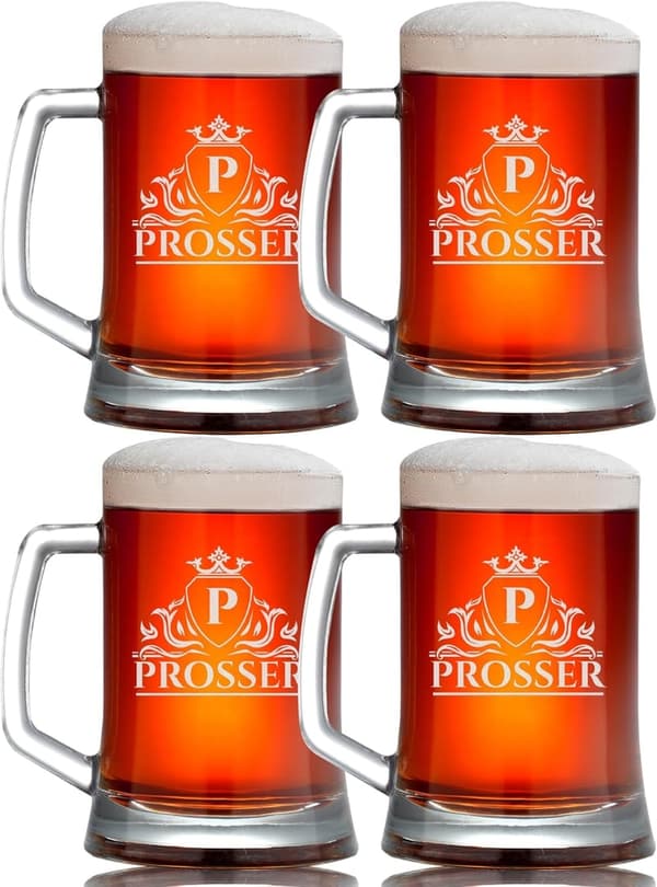 Custom Monogrammed Beer Mugs - Fun Gift for Friends (4 Pack)