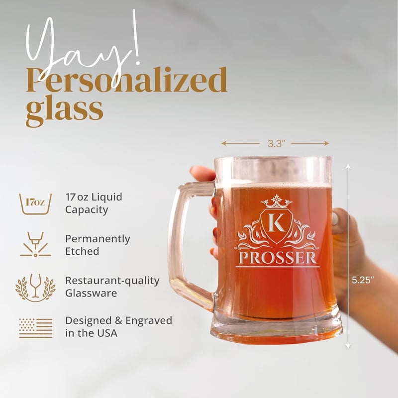 Custom Monogrammed Beer Mugs - Fun Gift for Friends (4 Pack)