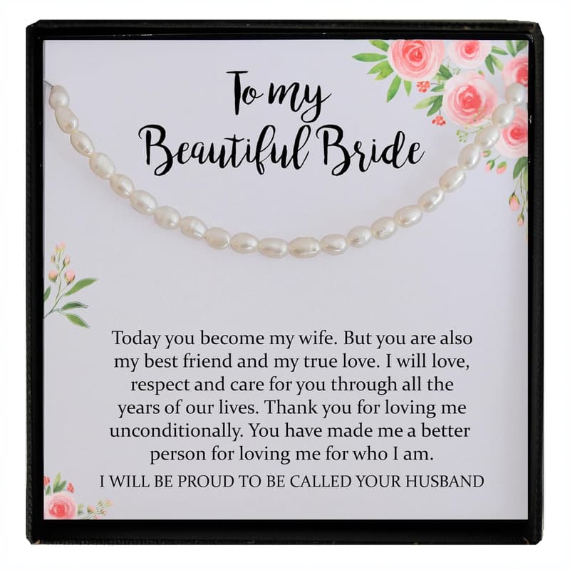 Wedding Day Gift: Pearl String Necklace with Poem for Bride