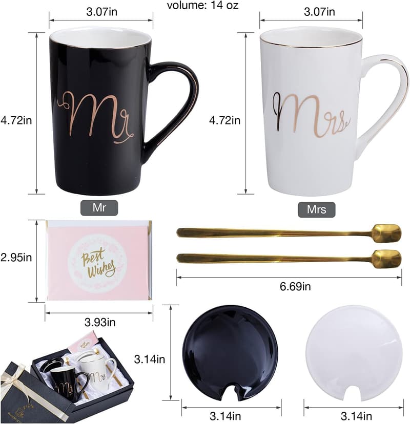 Mr. and Mrs. Coffee Mugs Set - Unique Wedding Gift for Couples