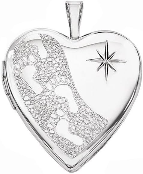 Sterling Silver Starburst Heart Footprints Locket