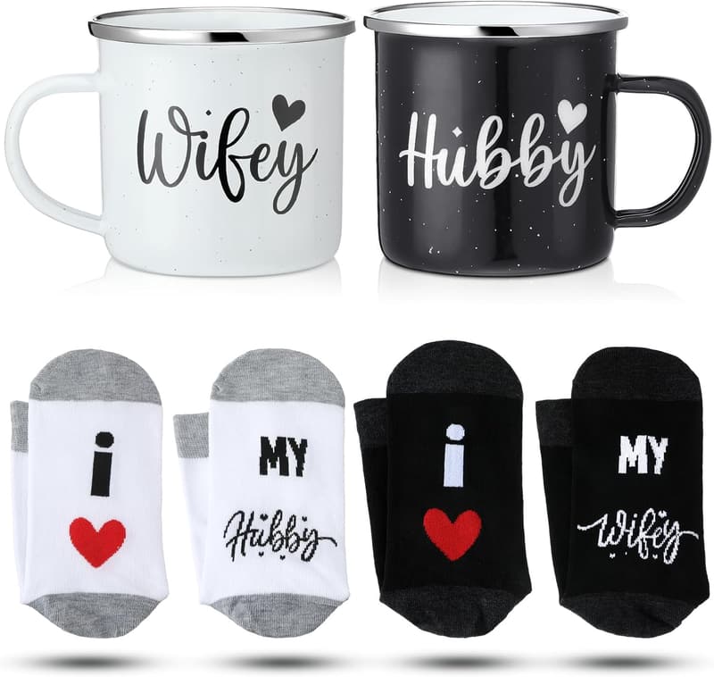 Engagement Gifts: Hubby & Wifey Enamel Coffee Mugs & Socks Set