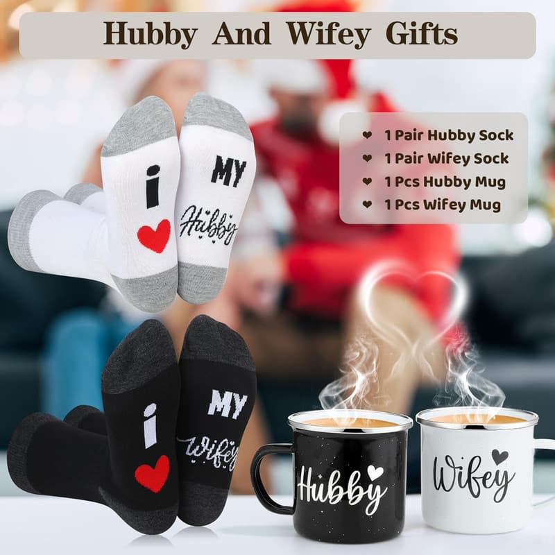 Engagement Gifts: Hubby & Wifey Enamel Coffee Mugs & Socks Set