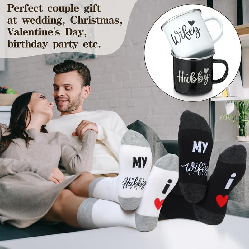 Engagement Gifts: Hubby & Wifey Enamel Coffee Mugs & Socks Set