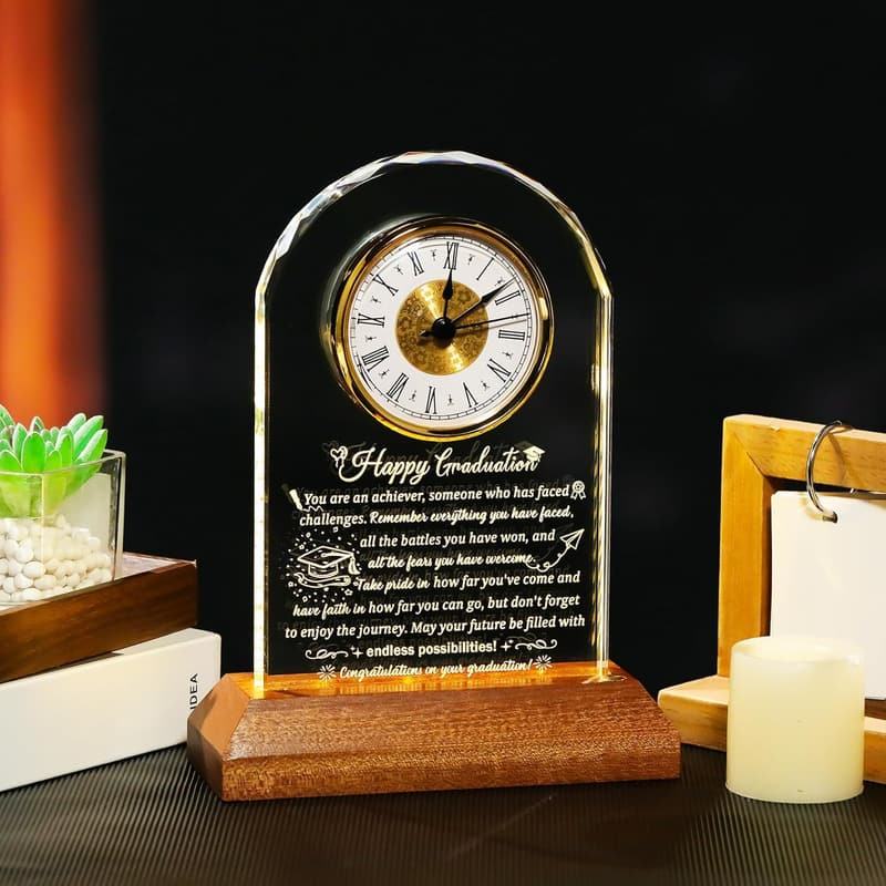 Class of 2025 Graduation Glass Clock with Wooden Base