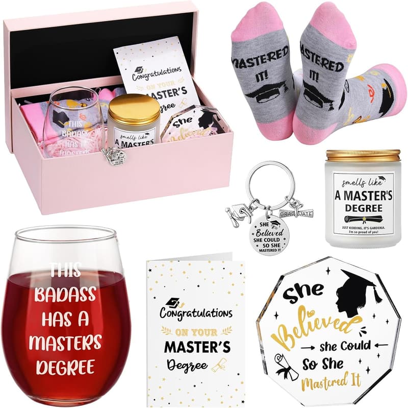 Graduation Gift Set for Her: Stemless Glass, Candle, Keychain & More
