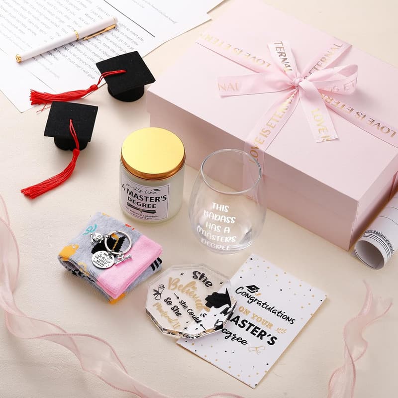 Graduation Gift Set for Her: Stemless Glass, Candle, Keychain & More