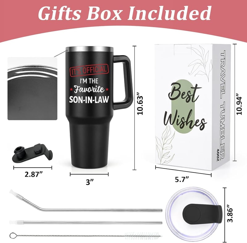 Son-in-Law Birthday Tumbler Gift, 40oz with Handle, Black