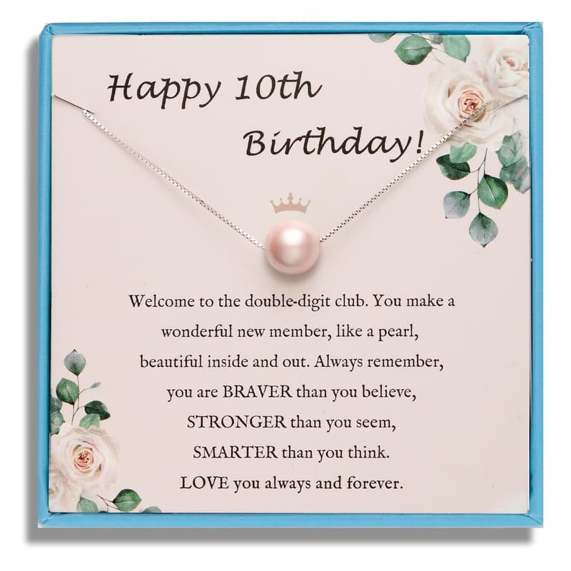 10th Birthday Silver Pink Pearl Necklace for Girls, Adjustable