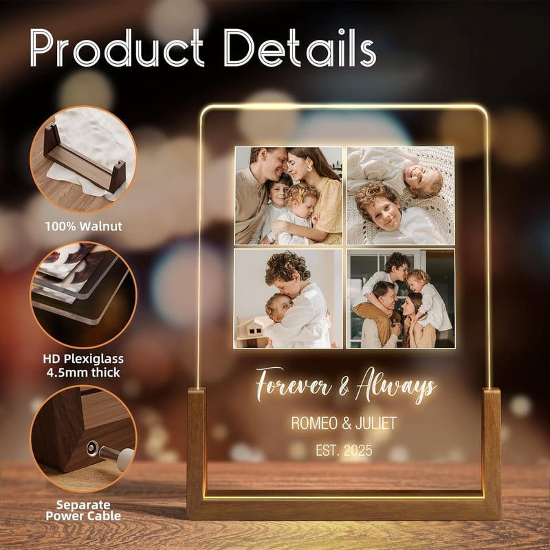 Customized Walnut Picture Frame LED Gift for Parents