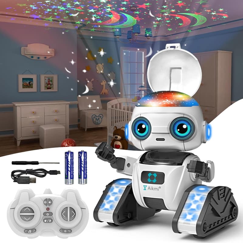 Rechargeable Remote Control Robot with Projector Night Light for Kids