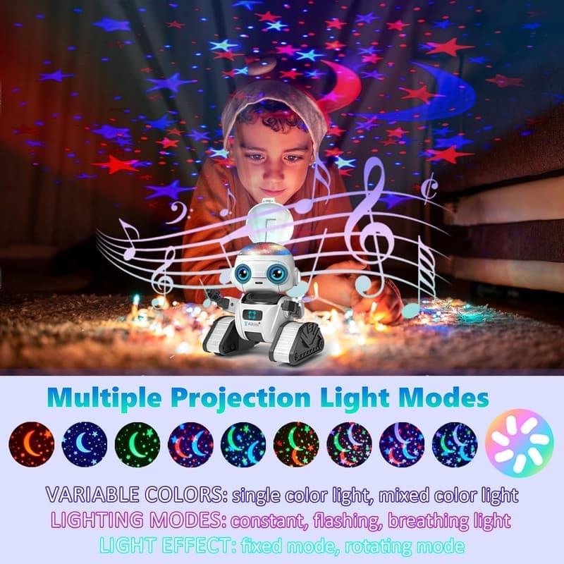 Rechargeable Remote Control Robot with Projector Night Light for Kids