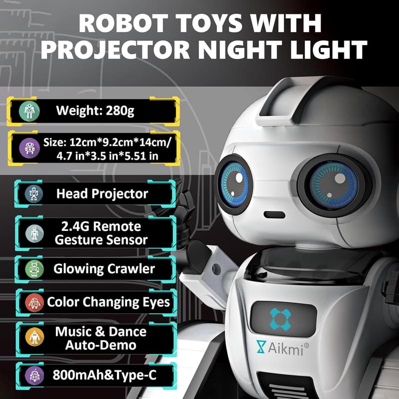 Rechargeable Remote Control Robot with Projector Night Light for Kids