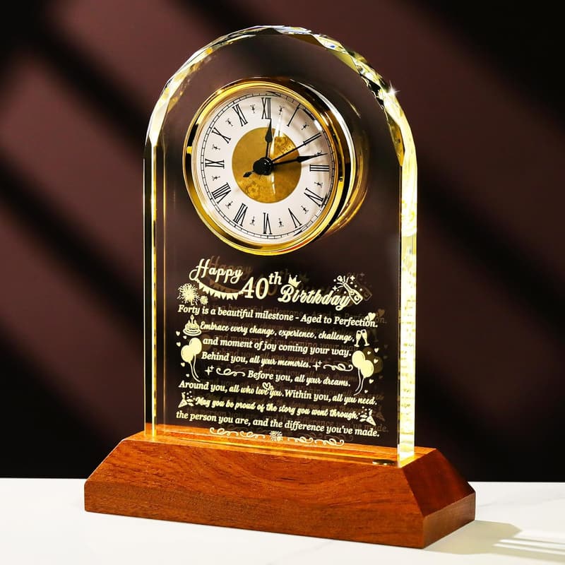 40th Birthday Glass Clock with Wooden Base - Unique Gift for Him or Her