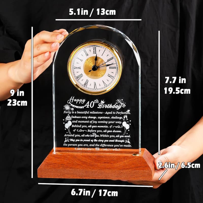 40th Birthday Glass Clock with Wooden Base - Unique Gift for Him or Her