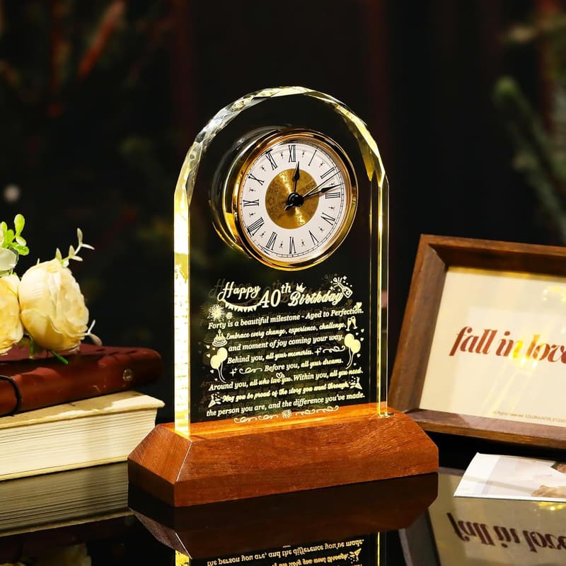 40th Birthday Glass Clock with Wooden Base - Unique Gift for Him or Her