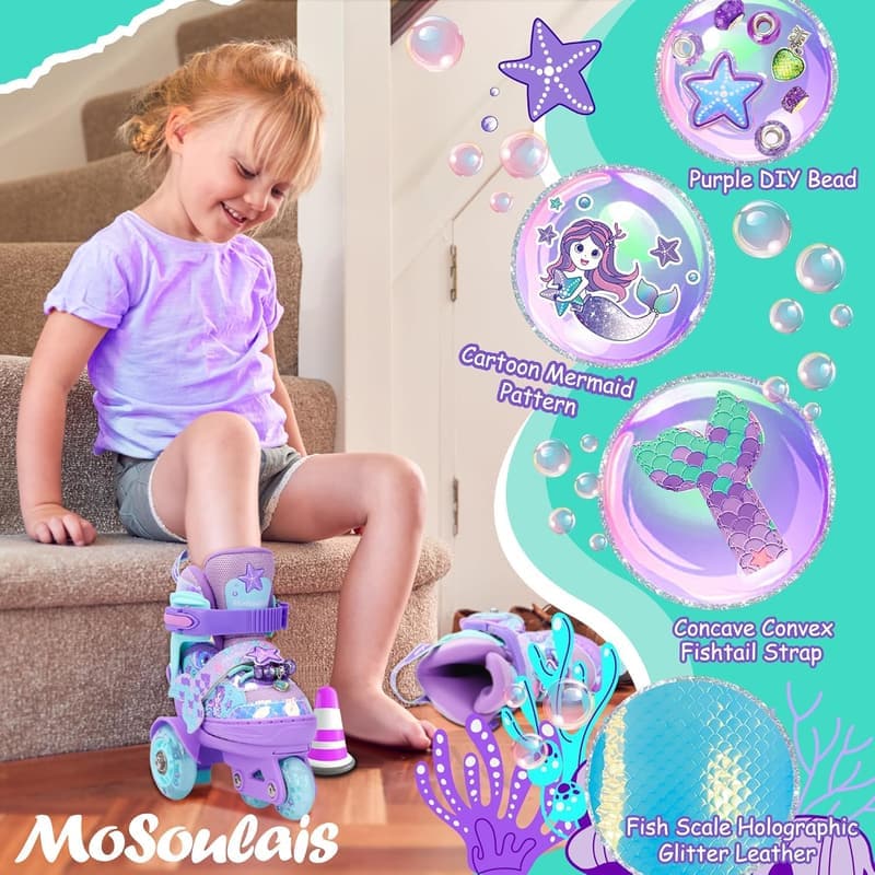 Adjustable Mermaid Roller Skates for Girls with Light-Up Wheels