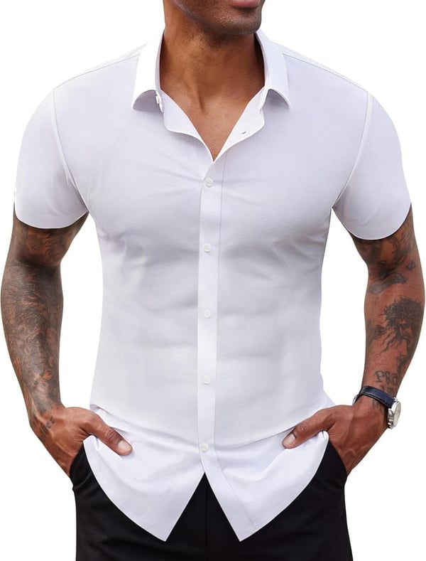 Men's Casual Short Sleeve Stretch Dress Shirt - Slim Fit