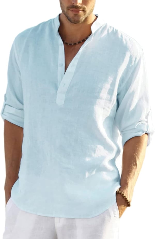 Men's Long Sleeve Cotton Linen Henley T-Shirt