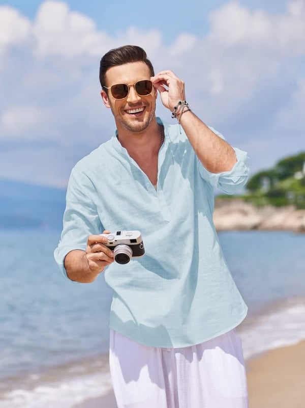 Men's Long Sleeve Cotton Linen Henley T-Shirt