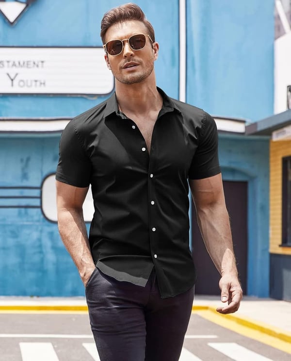 Men's Wrinkle-Free Muscle Fit Short Sleeve Dress Shirt