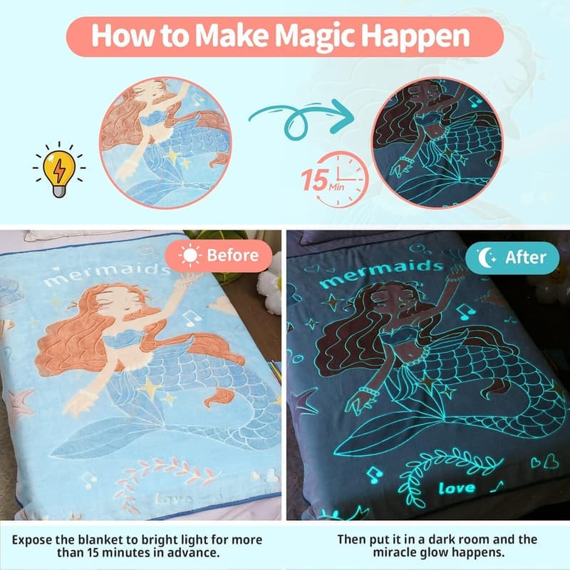 Glow in The Dark Mermaid Blanket for Kids, Soft Throw Gift