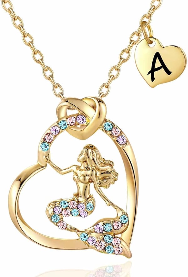 Girls' Mermaid Initial Heart Necklace - 14K Gold-Plated
