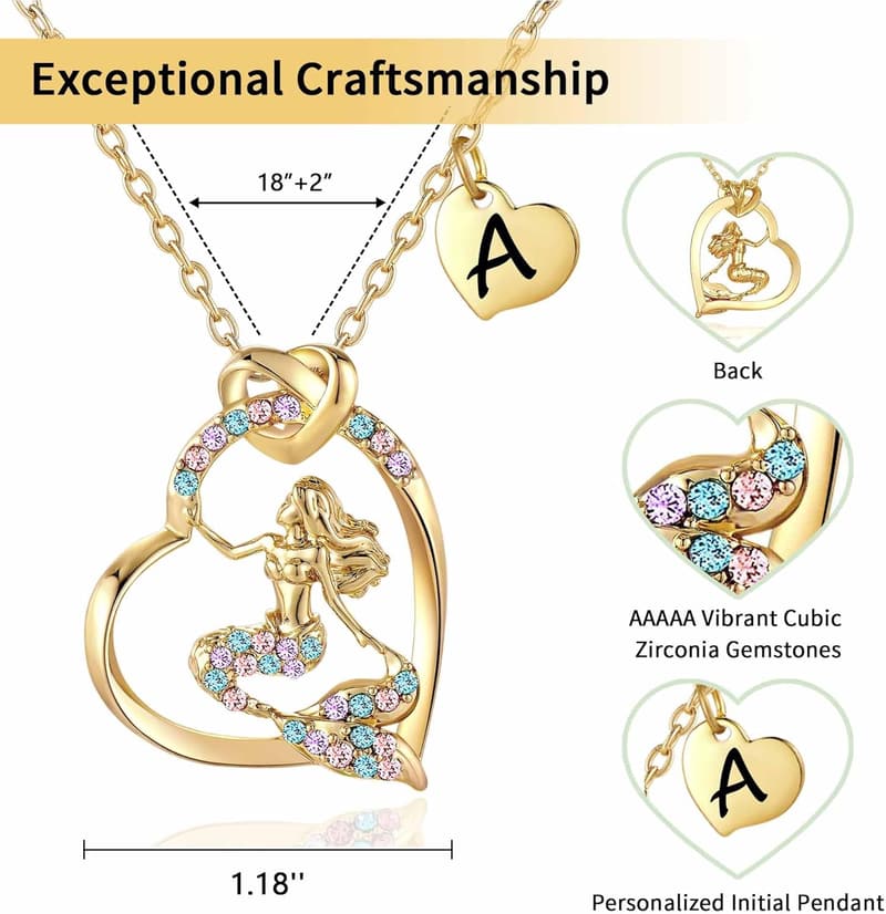 Girls' Mermaid Initial Heart Necklace - 14K Gold-Plated