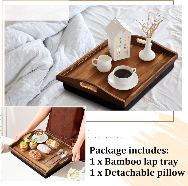 Bamboo Lap Tray with Pillow and Handles for Adults - Housewarming Gift