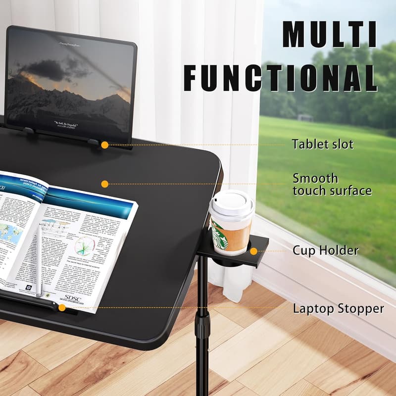 Adjustable Folding TV Tray Table with Cup Holder & Book Stand