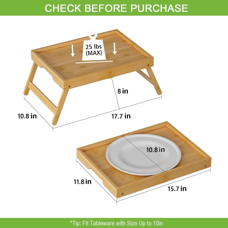 Bamboo Breakfast Bed Tray Table with Folding Legs