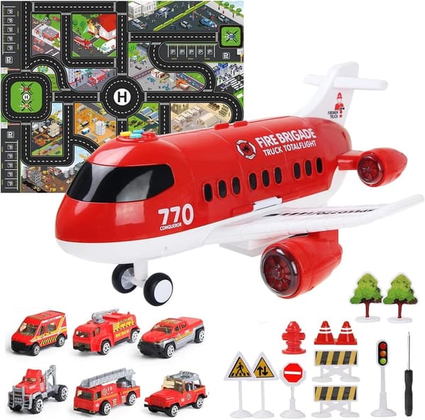 Red Airplane Toy Set with Fire Truck & Ambulance for Ages 3-6