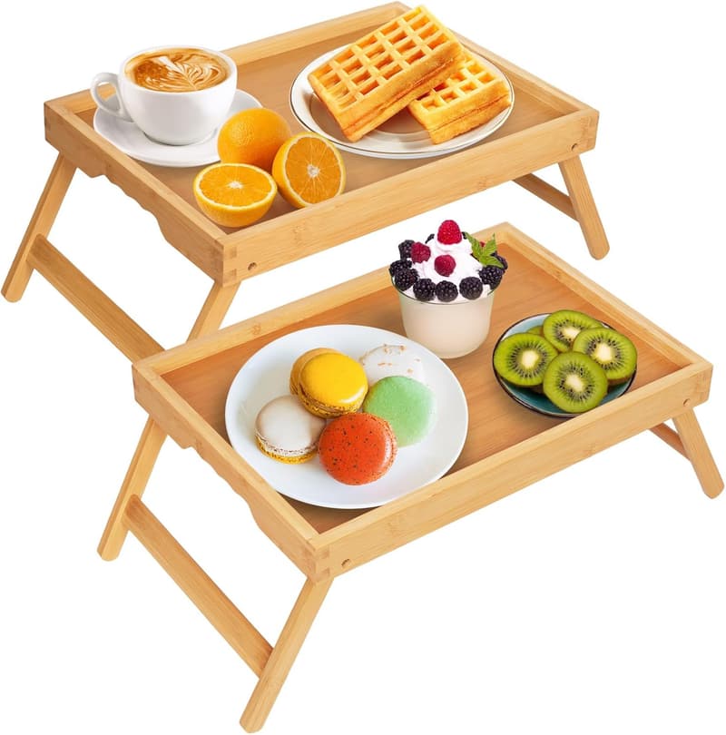 Bamboo Breakfast Bed Tray Table - Folding Legs, 2 Pack