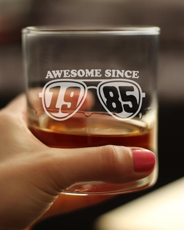 40th Birthday Whiskey Rocks Glass - Awesome Since 1985 - 10.25 oz
