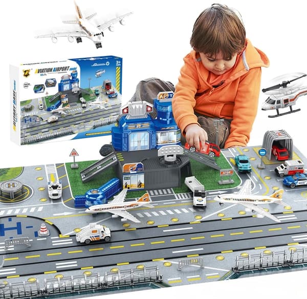 Airport Terminal Playset with Airplane and Helicopter for Kids