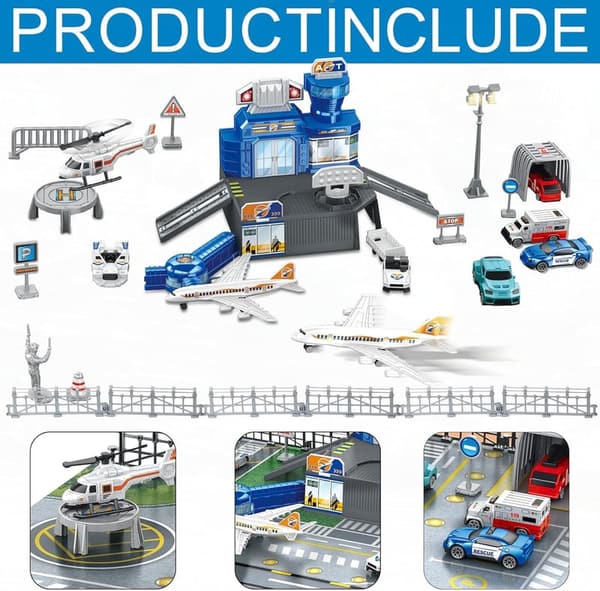 Airport Terminal Playset with Airplane and Helicopter for Kids