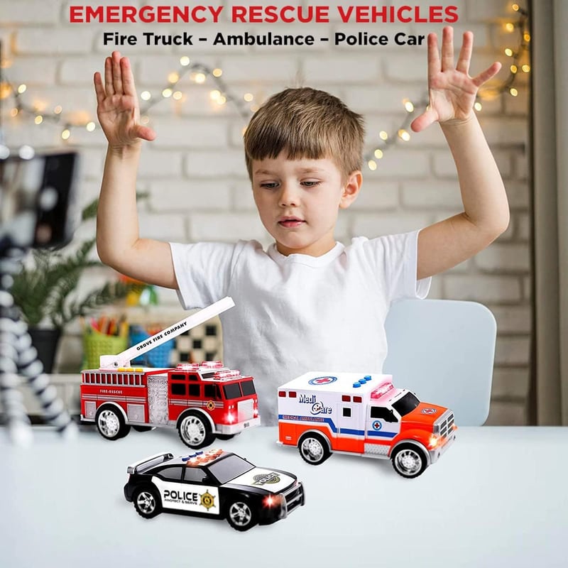 Emergency Rescue Vehicle Playset - Ambulance, Fire Truck, Police Car