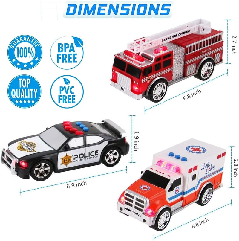 Emergency Rescue Vehicle Playset - Ambulance, Fire Truck, Police Car